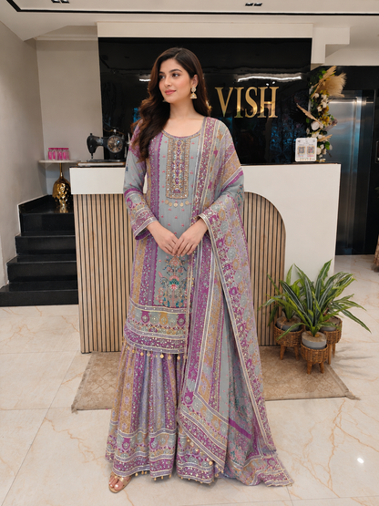 Lavender & Grey Crepe Sharara Set
Designer Sharara Suit
Wedding Wear Sharara
Festive Party Wear Ethnic Set
Crepe Designer Suit