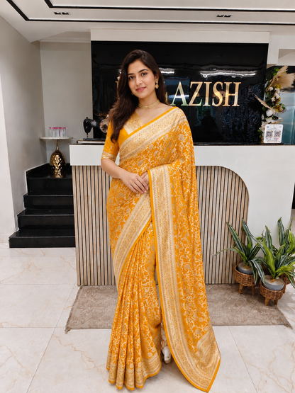 Mustard Banarasi Silk Saree
Banarasi Silk Designer Saree
Stone Work Saree
Wedding Wear Banarasi Saree
Festive Wear Silk Saree