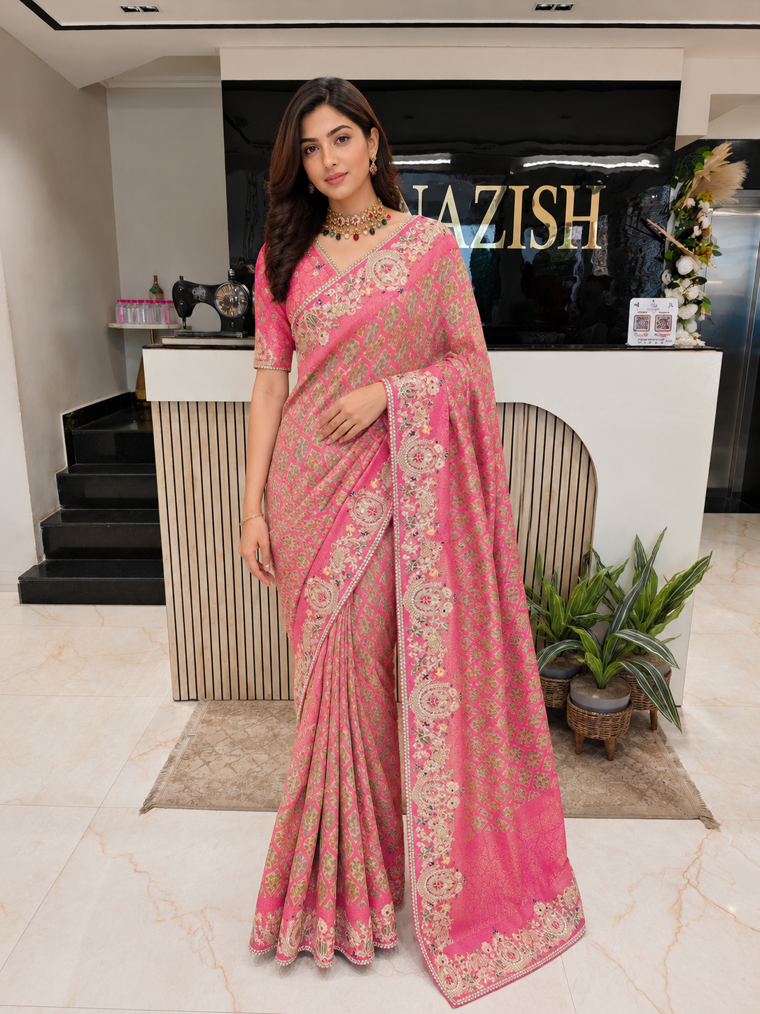 Pink Tissue Saree with Zarkan & Resham Work