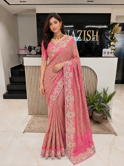 Pink Tissue Saree with Zarkan & Resham Work