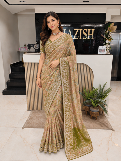 Mehndi Green Tissue Saree
Designer Zarkan Saree
Resham Sequins Saree India
Wedding Party Wear Saree
Luxury Tissue Saree for Women