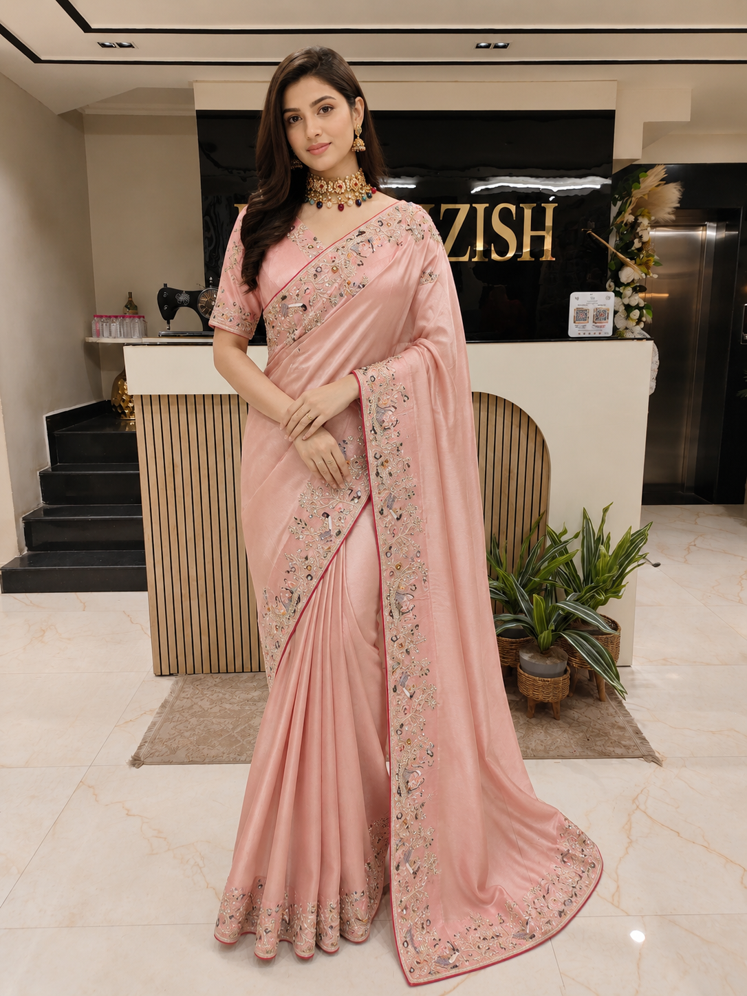 Baby Pink Tissue Saree
• Designer Tissue Saree India
• Kutdana Sequins Saree
• Luxury Wedding Saree Lucknow
• Resham Stone Work Saree