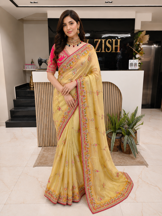 • Lemon Tissue Saree
• Hot Pink Designer Saree
• Mirror Work Saree India
• Luxury Wedding Saree Lucknow
• Kutdana Resham Saree