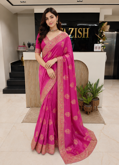 • Onion Pink Saree
• Crepe Designer Saree
• Birds Motif Saree India
• Kutdana Mirror Work Saree
• Luxury Festive Saree
