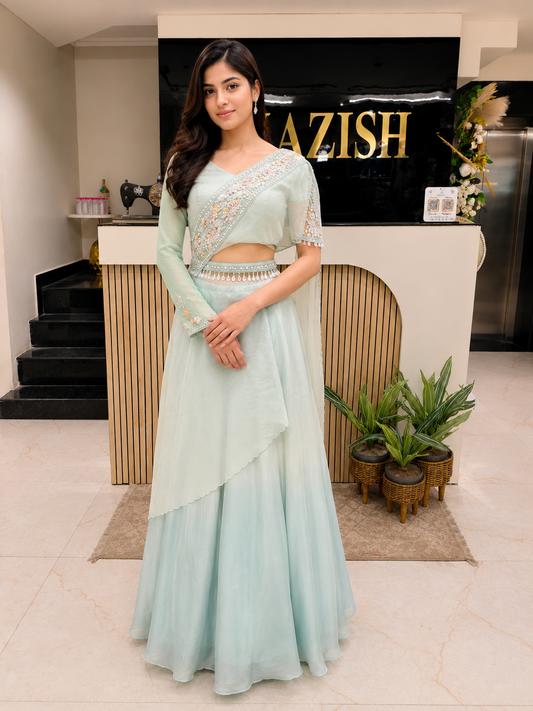 Sky Blue Indo Western Dress
Designer Cape Style Palazzo Set
Chinon Indo Western Outfit for Wedding
Luxury Indo Western for Women
Contemporary Festive Wear India