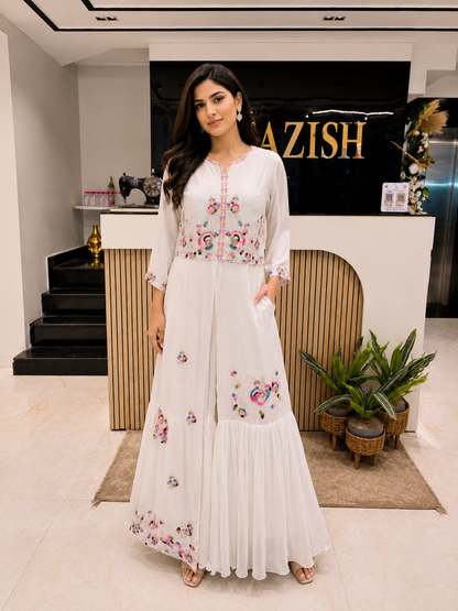 White Indo Western Garara Set
Designer Silk Garara Outfit
Resham Kutdana Indo Western Dress
Luxury Festive Wear for Women
Contemporary Wedding Outfit India