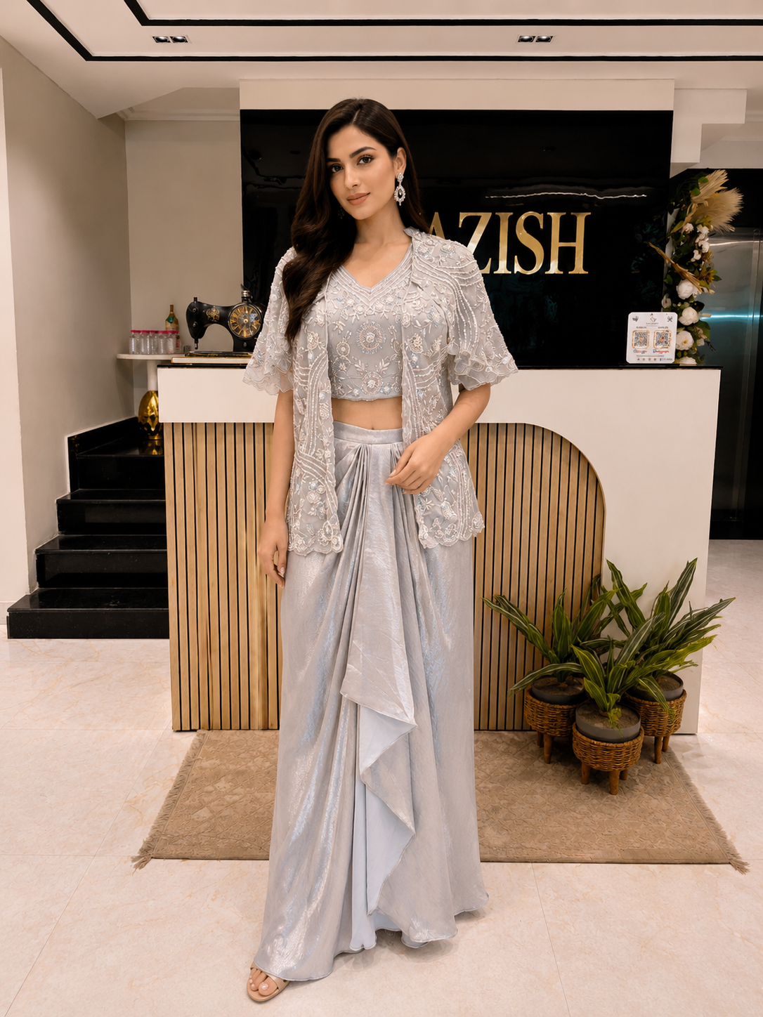 Grey Indo Western Set
Designer Drape Skirt Set
Sequins Cape Indo Western
Party Wear Indo Western Outfit
Luxury Fusion Wear for Women