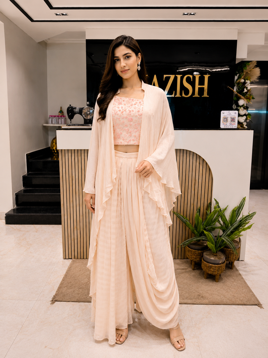 Peach Indo Western Set
Designer Drape Skirt Outfit
Sequins Indo Western Dress
Fusion Wear for Women
Party Wear Indo Western Set