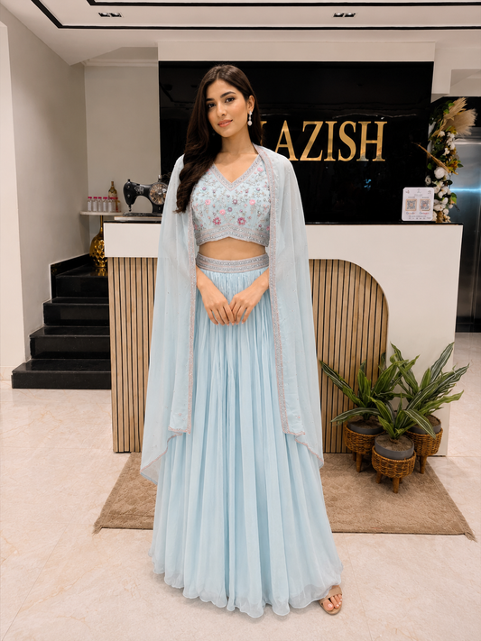 Sky Blue Indo Western Set
Designer Organza Skirt Set
Handwork Indo Western Outfit
Party Wear Fusion Wear
Luxury Wedding Guest Outfit