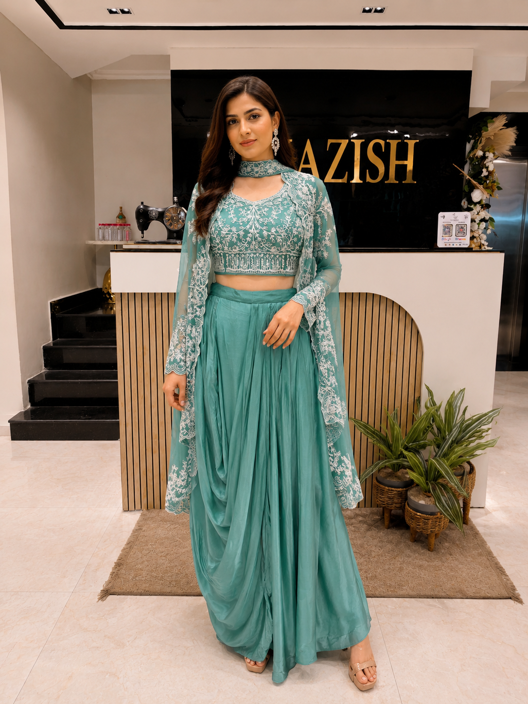 Green Indo Western Set
Designer Drape Skirt Outfit
Resham Kutdana Work Dress
Fusion Wear for Wedding Functions
Luxury Indo Western India