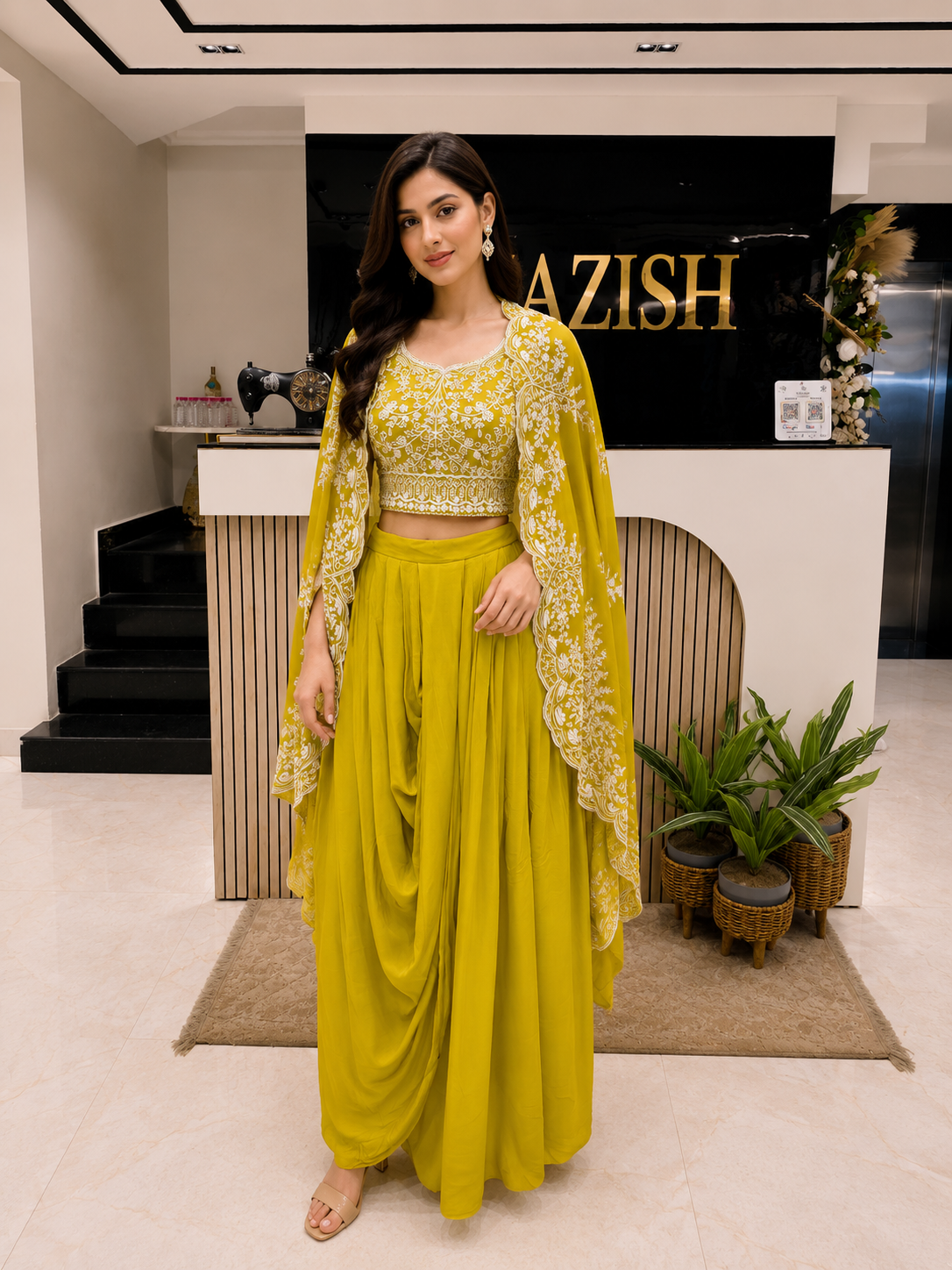 Neon Green Indo Western Set
Designer Drape Skirt Outfit
Resham Kutdana Fusion Wear
Mehendi Function Outfit India
Luxury Indo Western Dress