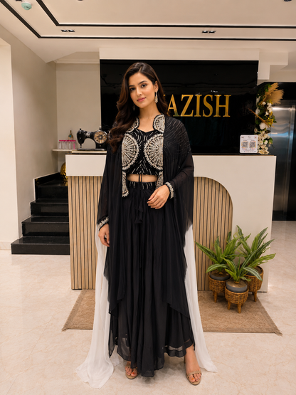 Black Indo Western Drape Skirt Set
Designer Indo Western Party Wear
Kutdana Work Black Outfit
Cocktail Indo Western Dress
Modern Festive Drape Skirt Set