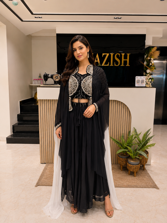 Black Indo Western Drape Skirt Set
Designer Indo Western Party Wear
Kutdana Work Black Outfit
Cocktail Indo Western Dress
Modern Festive Drape Skirt Set