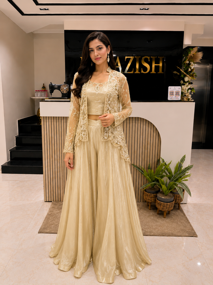 Golden Indo Western Palazzo Set
Designer Tissue Palazzo Set
Dabka Work Indo Western Outfit
Luxury Festive Wear for Women
Wedding & Sangeet Indo Western Dress
