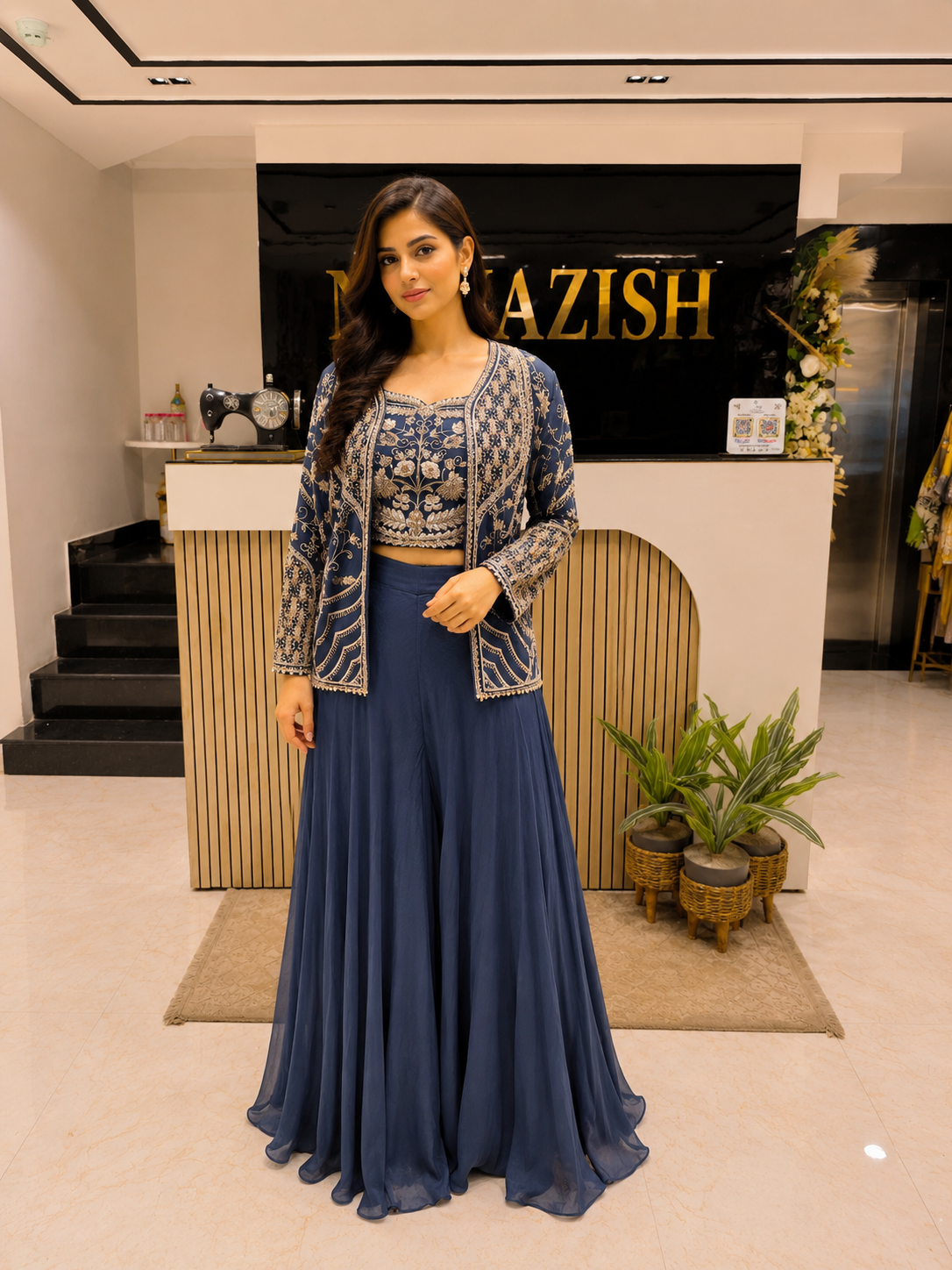 Navy Blue Indo Western Set
Designer Silk Palazzo Set
Kutdana Work Indo Western Outfit
Luxury Wedding Wear for Women
Festive Indo Western Palazzo Dress