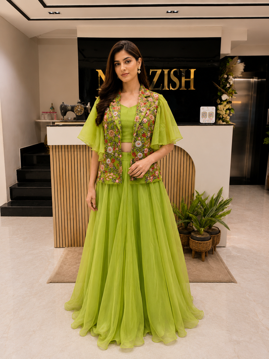 Green Indo Western Palazzo Set
Designer Organza Indo Western
Resham Kutdana Work Outfit
Festive Palazzo Set for Women
Luxury Indo Western Wear India
