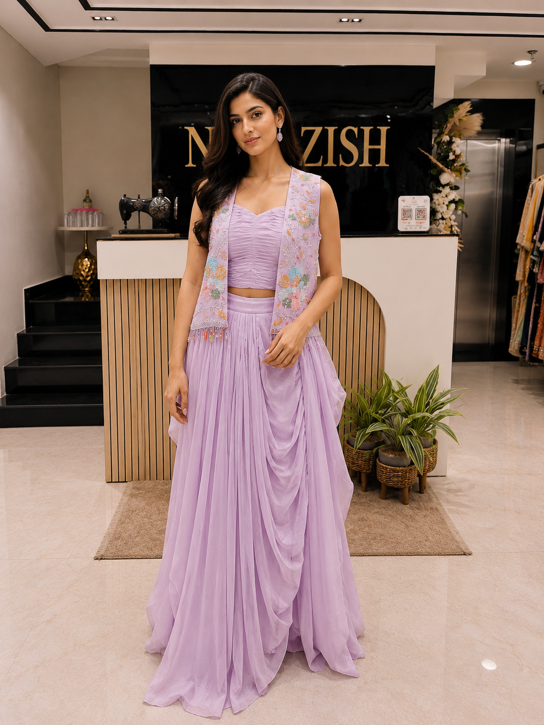 Lavender Indo Western Drape Skirt Set
Designer Bridesmaid Outfit India
Handworked Fusion Wear for Women
Contemporary Indo Western Dress
Sequins Kutdana Drape Skirt Set