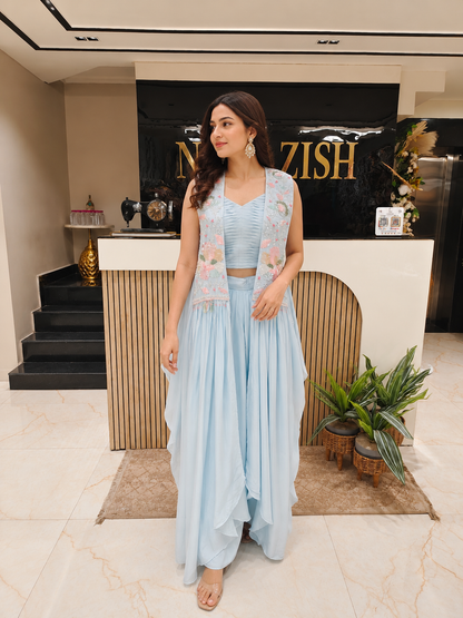 Sky Blue Indo Western Drape Skirt Set
Designer Fusion Wear for Women
Handworked Indo Western Outfit
Sequins Kutdana Drape Skirt Set
Modern Wedding Wear for Women