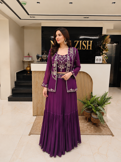 Purple Indo Western Garara Set
Designer Garara Set for Women
Handworked Organza Indo Western
Sequins Kutdana Festive Outfit
Luxury Wedding Wear India