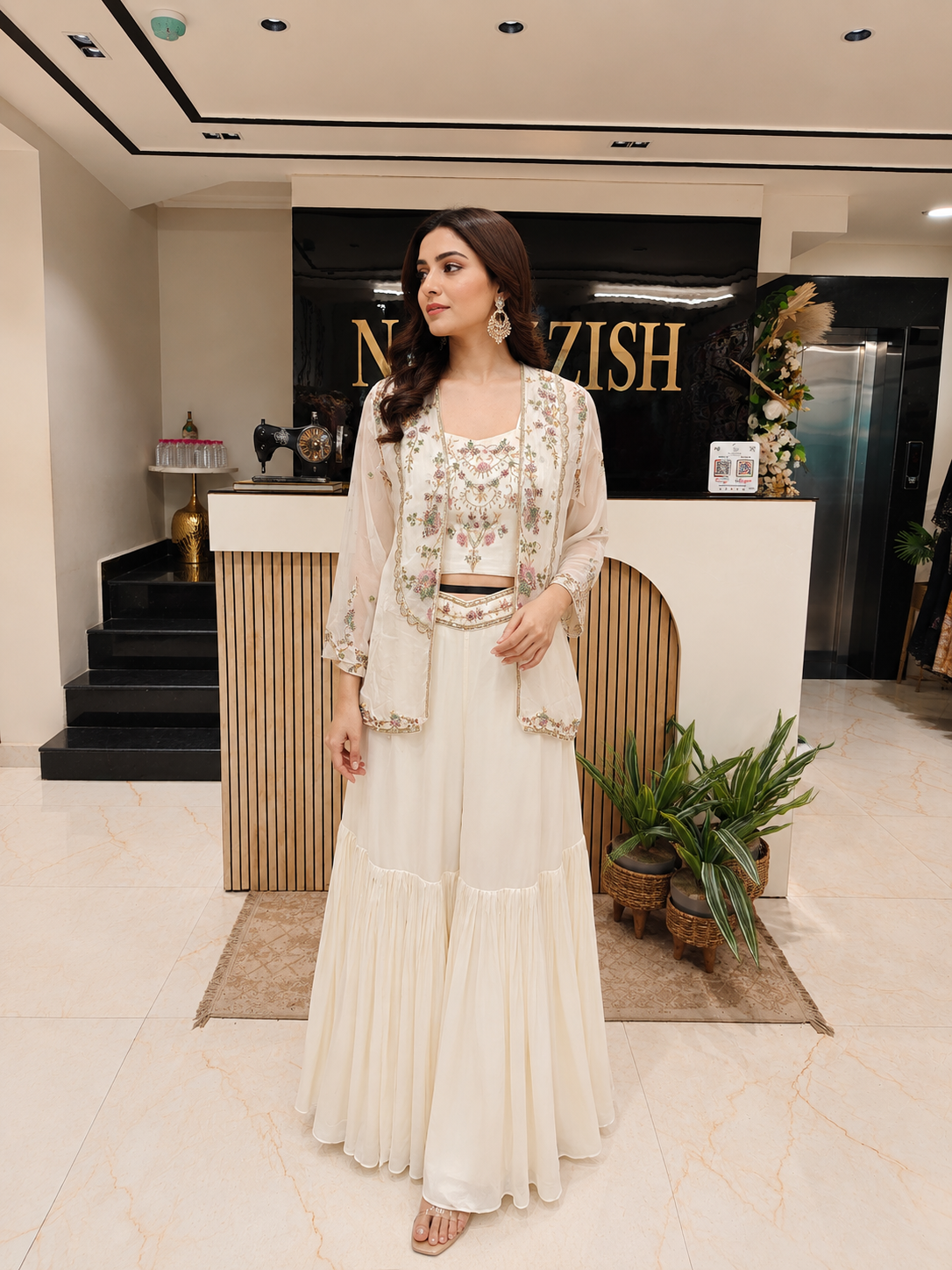Cream Indo Western Garara Set
Designer Garara Set for Women
Handworked Organza Fusion Wear
Resham Kutdana Garara Outfit
Luxury Festive Wear India