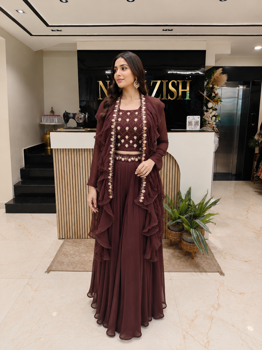 Wine Indo Western Palazzo Set
Ruffle Dupatta Palazzo Outfit
Designer Fusion Wear for Women
Resham Kutdana Party Wear
Luxury Indo Western Dress India