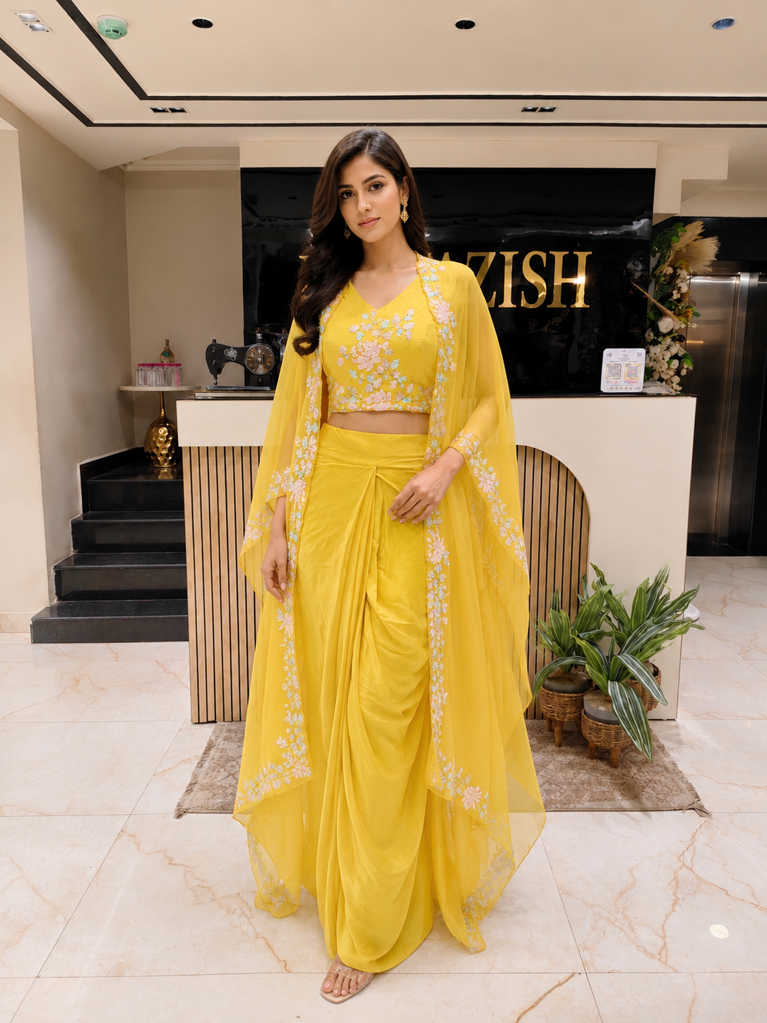 Yellow Handwork Indo Western Drape Palazzo Set