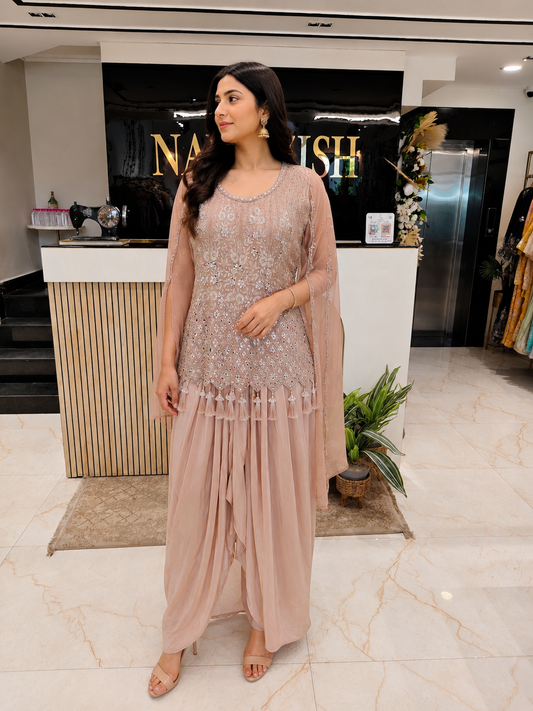 Beige Indo Western Set
Organza Drape Skirt Outfit
Mirror Work Fusion Wear
Designer Festive Party Wear
Luxury Indo Western for Women