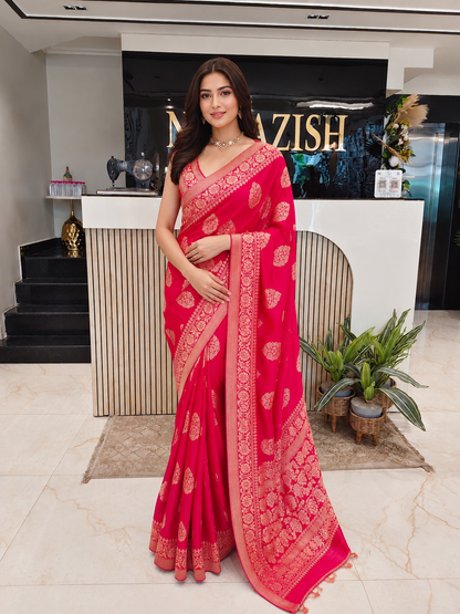 Rani Pink Dola Silk Saree
Designer Festive Saree
Luxury Traditional Saree
Wedding Wear Silk Saree
Elegant Indian Ethnic Saree