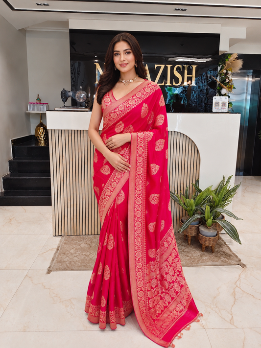 Rani Pink Dola Silk Saree
Designer Festive Saree
Luxury Traditional Saree
Wedding Wear Silk Saree
Elegant Indian Ethnic Saree
