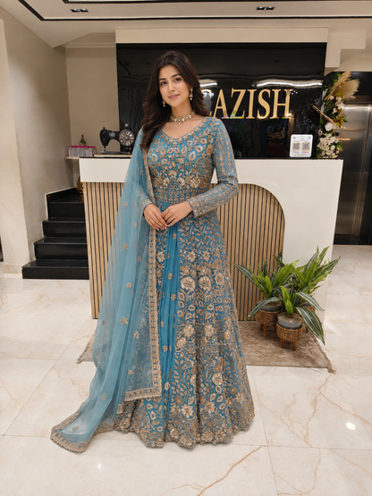 Teal Blue Designer Anarkali
Handwork Net Anarkali Suit
Kutdana Sequins Anarkali
Luxury Festive Wear for Women
Wedding Function Anarkali India