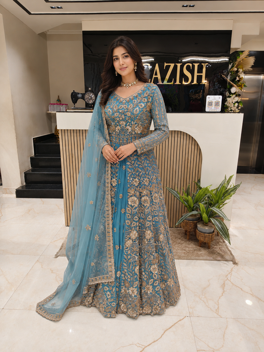 Teal Blue Designer Anarkali
Handwork Net Anarkali Suit
Kutdana Sequins Anarkali
Luxury Festive Wear for Women
Wedding Function Anarkali India