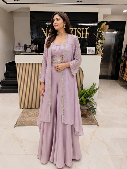 Lavender Indo Western Set
Tissue Palazzo Set for Women
Sequins Stone Work Outfit
Designer Fusion Wear India
Festive Party Wear Palazzo Set