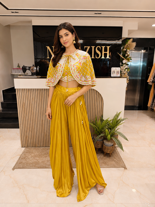 Mustard Indo Western Set
Designer Cape Style Skirt Set
Kutdana Work Festive Outfit
Fusion Wedding Wear India
Contemporary Party Wear Women