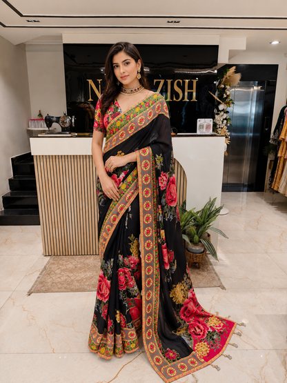 Black Floral Silk Saree