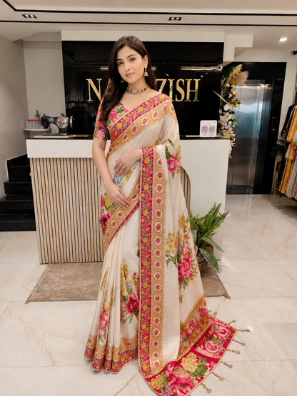 Cream Red Silk Saree
Floral Print Designer Saree
Weaving Silk Saree India
Festive Saree for Women
Traditional Wedding Saree Online