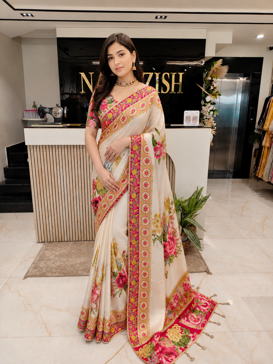 Cream Red Silk Saree
Floral Print Designer Saree
Weaving Silk Saree India
Festive Saree for Women
Traditional Wedding Saree Online