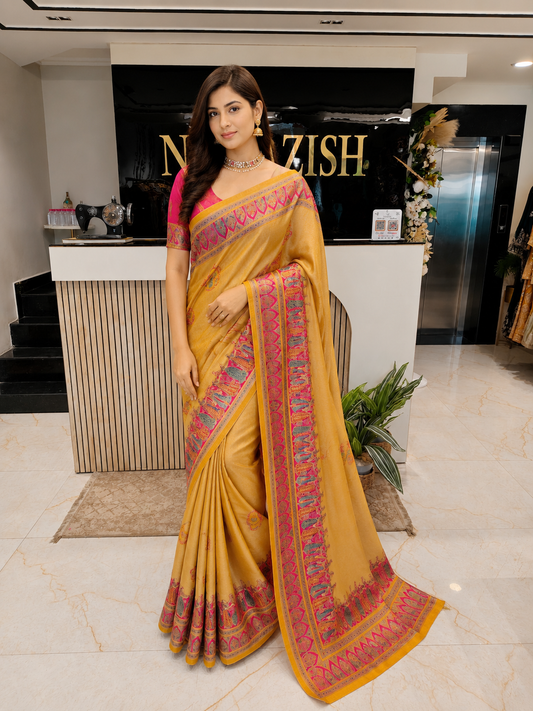 Mustard Pink Tissue Saree
Darbari Style Designer Saree
Weaving Motif Saree India
Festive Wedding Saree for Women
Traditional Tissue Saree Online