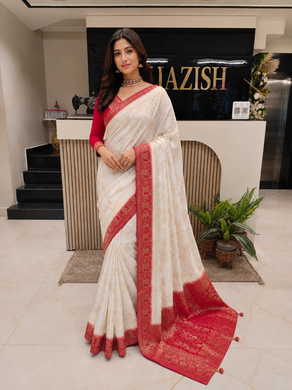 Dola Silk Saree India
Off White Red Designer Saree
Traditional Weaving Saree
Festive Silk Saree for Women
Elegant Wedding Saree Collection