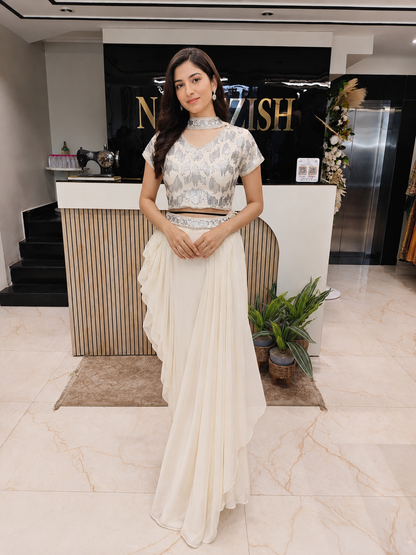 Cream Indo Western Set
Designer Drape Skirt Outfit
Kutdana Dabka Work Dress
Fusion Wedding Wear India
Contemporary Party Wear Women
