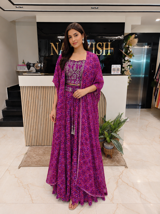 Purple Indo Western Set
Designer Sharara Set India
Cape Style Festive Wear
Kutdana Dabka Work Outfit
Fusion Wedding Wear Women