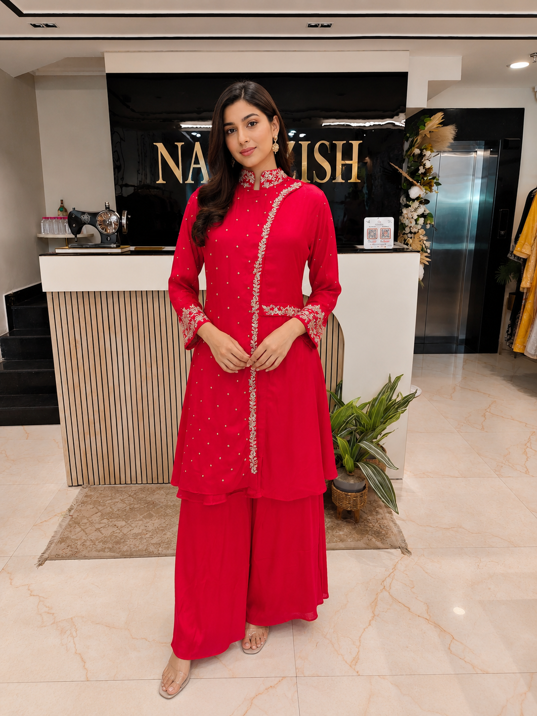 Red Indo Western Set
Angrakha Palazzo Outfit
Dabka Kutdana Work Dress
Designer Fusion Wear India
Contemporary Wedding Wear Women