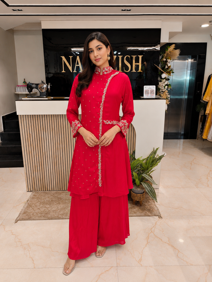 Red Indo Western Set
Angrakha Palazzo Outfit
Dabka Kutdana Work Dress
Designer Fusion Wear India
Contemporary Wedding Wear Women