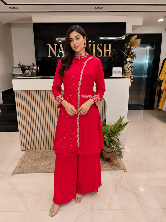 Red Indo Western Set
Angrakha Palazzo Outfit
Dabka Kutdana Work Dress
Designer Fusion Wear India
Contemporary Wedding Wear Women