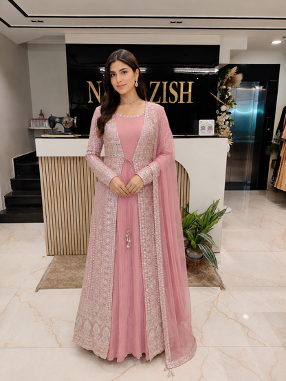 Onion Pink Designer Anarkali
Jacket Style Anarkali Set
Mirror Work Festive Wear
Wedding Wear Anarkali India
Luxury Party Wear for Women