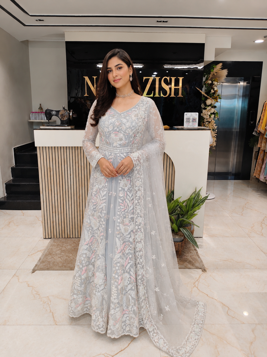 Grey Designer Anarkali
Kutdana Work Anarkali
Sequins Festive Wear India
Wedding Wear Anarkali for Women
Luxury Party Wear Outfit
