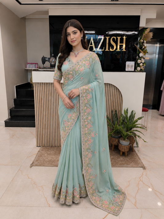 Sea Green Designer Saree
Tissue Saree for Women
Birds Motif Saree India
Wedding Wear Saree Online
Luxury Party Wear Saree