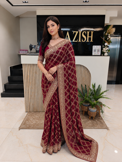 Maroon Designer Saree
Georgette Saree for Women
Kutdana Dabka Work Saree
Wedding Wear Saree India
Luxury Party Wear Saree