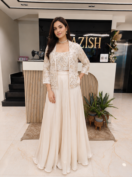 Off White Indo Western Set
Designer Palazzo Set Women
Sequins Resham Work Outfit
Contemporary Wedding Wear India
Luxury Fusion Wear Women