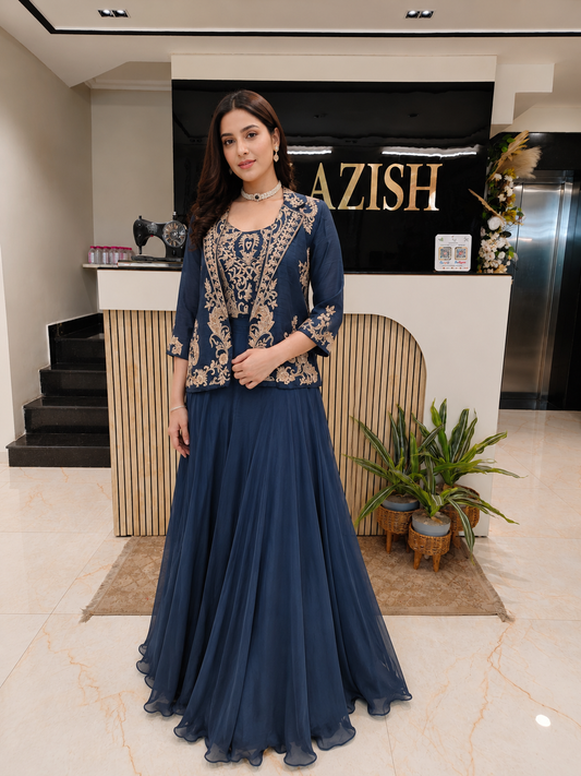 Navy Blue Indo Western Set
Designer Palazzo Set Women
Kutdana Dabka Work Outfit
Contemporary Wedding Wear India
Luxury Fusion Wear Women