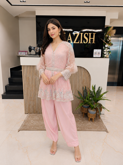 Baby Pink Indo Western Set
Designer Cape Set Women
Kutdana Sequins Work Outfit
Contemporary Wedding Wear India
Luxury Fusion Wear Women